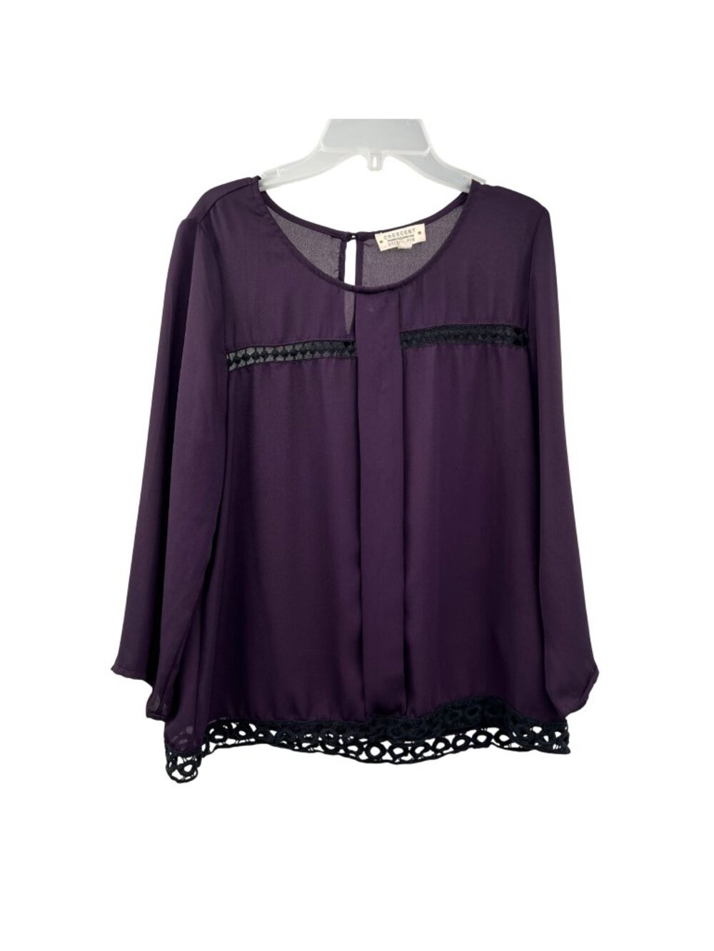 Crescent Womens Pullover Blouse 3/4 Sleeve Purple/Black Lace Trim Size PM